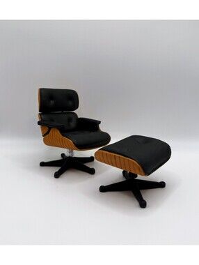 1:12 Scale Miniature Eame Chair with Ottoman MCM Lounge Chair, Black Mini